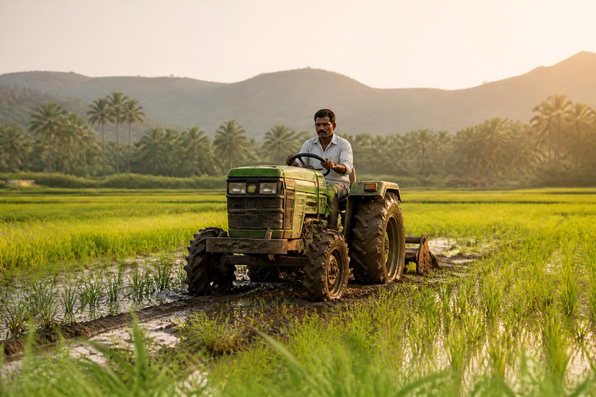 Farmer driving a tractor across paddy fields in the Konkan